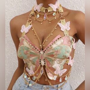 Butterfly Embroidered Pastel Halter Top with Gold Chains M